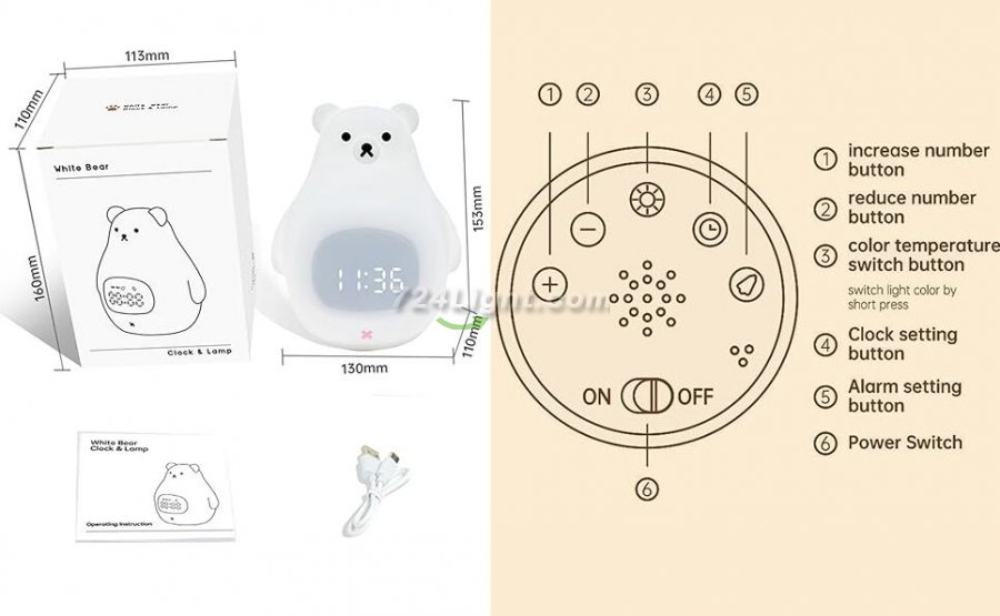 White Bear Clock and LED Night Light Rechargeable RGB Color Nursery Lamp Remote Controlled for Baby Girls Boys