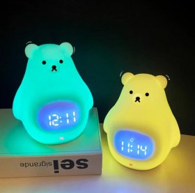 White Bear Clock and LED Night Light Rechargeable RGB Color Nursery Lamp Remote Controlled for Baby Girls Boys