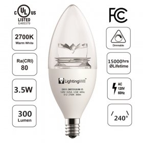 Free Shipping 6pcs * UL LED Candle Light UL CUL Approved 3.5 Watt 300 Lumen LED Candle Light Bulb Dimmable 2700K Warm White Color in E12 Edison Screw Base, 40 Watt Incandescent Lamp Equivalent