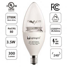 LED Candle Light UL CUL Approved 3.5 Watt 300 Lumen LED Candle Light Bulb Dimmable 2700K Warm White Color in E12 Edison Screw Base, 40 Watt Incandescent Lamp Equivalent