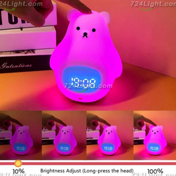 White Bear Clock and LED Night Light Rechargeable RGB Color Nursery Lamp Remote Controlled for Baby Girls Boys