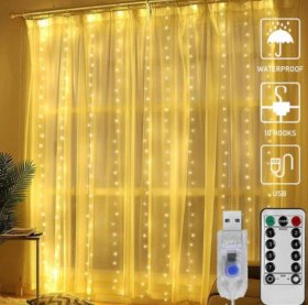 300 LED Curtain Lights 9.8FT by 9.8FT, 8 Lighting Modes Warm White Window Curtain String Lights with Remote USB Powered, Home Party Christmas Bedroom Indoor Outdoor Decor
