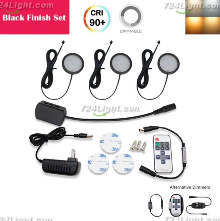 A-Series 3 Pack (3*2W) Dimmable CRI 90 Ultra Thin LED Under Cabinet Puck Lights With Dimmer & Power Adapter, All Accessories Included
