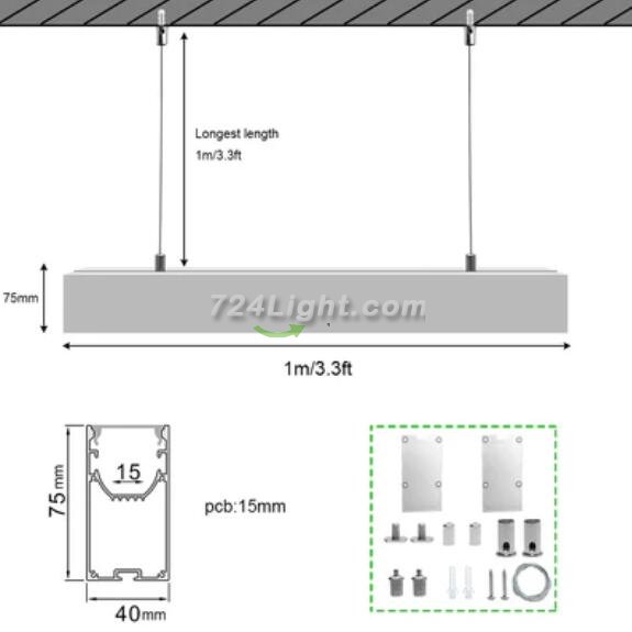5 Pack H4075 Big Aluminum Extrusion Channel for Suspension Mounting Linear Office Lighting System