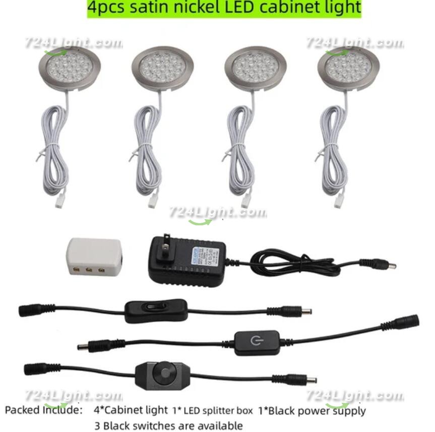 4pcs Pack Round LED Under Cabinet Lighting Stainless Steel LED Puck Light 2W 12VDC, 3 Switches Optional Controllable Puck Light for Motorhome, Caravan, Truck, Kitchen, Wine Cabinet, Wardrobe