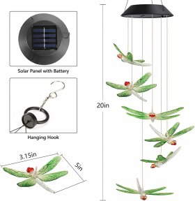 Solar Wind Chimes, Green Dragonfly Solar Hanging Wind Chimes Lights for Patio Garden Windows Outdoor Decoration