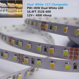 Dual White Color LED Light Strip, 12V DC 5Meter Roll SMD3528-600 120 LEDs Per Meter Color Temp-Adjustable Flexible LED Strip Light