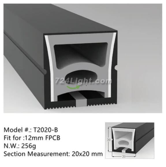 16.4FT(5Meters) 20*20mm 120° Top Emitting IP67 Waterproof Flexible Full Black Silicon LED NEON Tube Housing Fit for 12mm Wide LED Strip Light