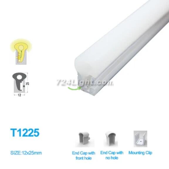 1M/5M/10M/20M Pack of T1225 LED Neon Light Housing Kit with End Caps and Mounting Clips, Flexible Neon Channel Fit for 12mm Wide LED Strip Lights