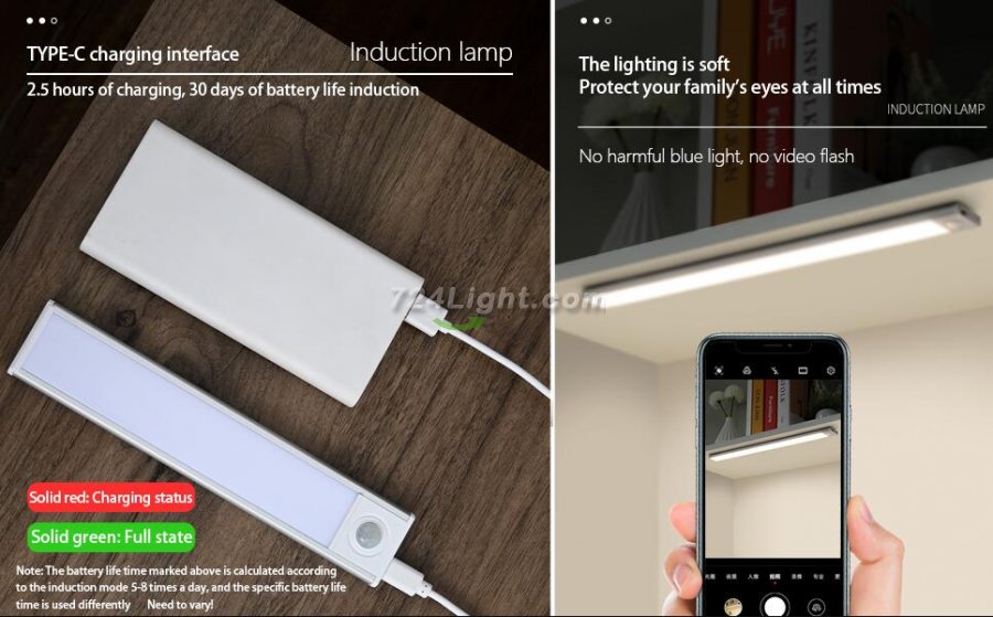 2 Pack PIR Motion Sensor LED Cabinet Light, Under Counter Closet Lighting, Wireless USB Rechargeable Light Indoor, CCT 2700-6500K Color Changeable for Kitchen, Wardrobe, Closet, Hallway