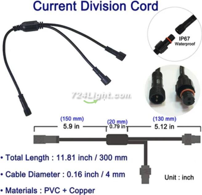 2pcs Pack 1-2 Splitter Current Division Cord, with Waterproof Male and Female Connector, Copper Core Wire,Lighting Accessories Fittings for LED Inground/Step Stair/Underwater Swimming Pool Lights