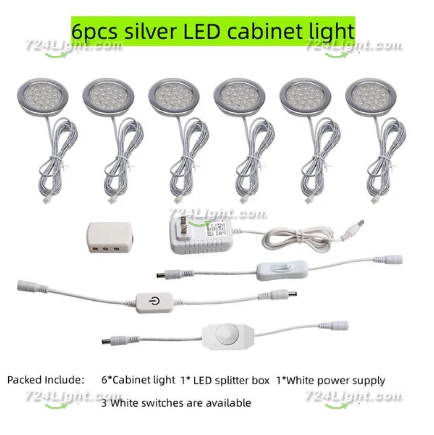 6pcs Packing Rounded LED Stainless Steel Under Cabinet Lighting 2W 12VDC 3 Switches are Available Controllable Puck Light for Motorhome, Caravan, Truck, Kitchen, Wine Cabinet, Wardrobe