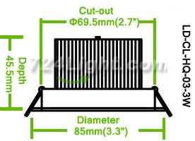 3W CL-HQ-03-3W LED Down Light Cut-out 69.5mm Diameter 3.3" Gold Recessed Dimmable/Non-Dimmable LED Down Light