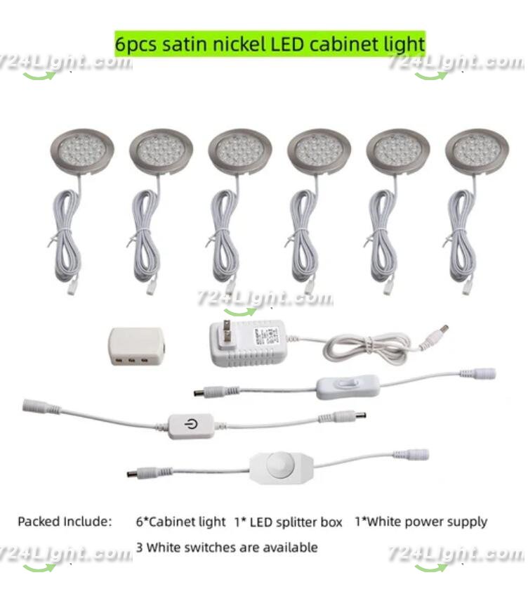 6pcs Packing Rounded LED Stainless Steel Under Cabinet Lighting 2W 12VDC 3 Switches are Available Controllable Puck Light for Motorhome, Caravan, Truck, Kitchen, Wine Cabinet, Wardrobe