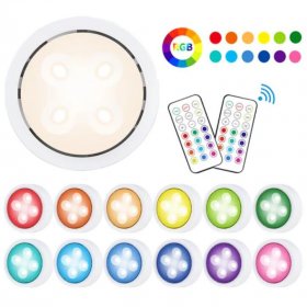 6 Pack LED Puck Lights with Remote, White Finish RGBW Color Changing Under Cabinet Lights Wireless,13 Colors Changeable LED Closet Light Dimmable,AA Battery Operate Push Night Lights with Timer Function