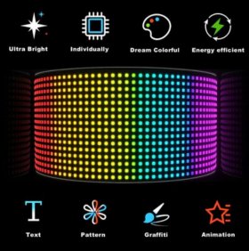 Model 1696 Small Flexible USB 5V Car LED Sign Bluetooth App Control Display Screen Text Pattern Animation LED sign display for Car Windows, Shop, Bar and Entrance Sign