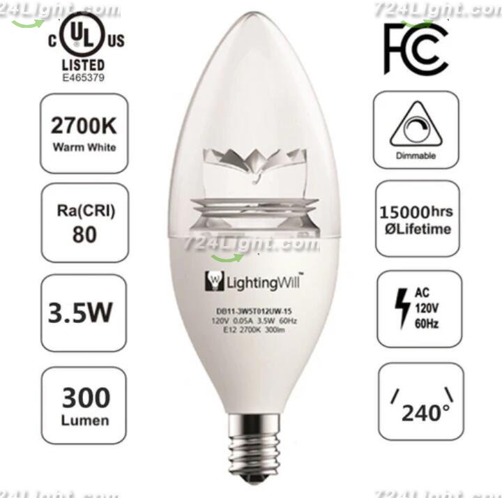 UL CUL Approved 3.5W 300 Lumen LED Candle Light Bulb Dimmable 2700K Warm White Color in E12 Edison Screw Base, 40 Watt Incandescent Lamp Equivalent