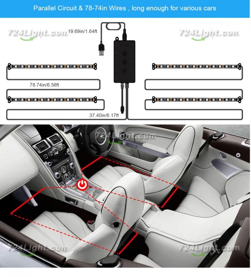 Car Interior Lights 4pcs 48 LED Car Atmosphere Glow Neon lights Multi-Color Music Car LED Strip Lights Decorative Underdash Lighting Kit with Bluetooth APP Controlled Sound Active function Wireless Remote Control