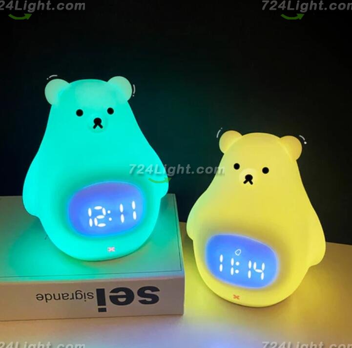 White Bear Clock and LED Night Light Rechargeable RGB Color Nursery Lamp Remote Controlled for Baby Girls Boys