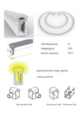 1M/5M/10M/20M Pack of T0817 LED Neon Light Housing Kit with End Caps and Mounting Clips, Flexible Neon Channel Fit for 8mm Wide LED Strip Lights