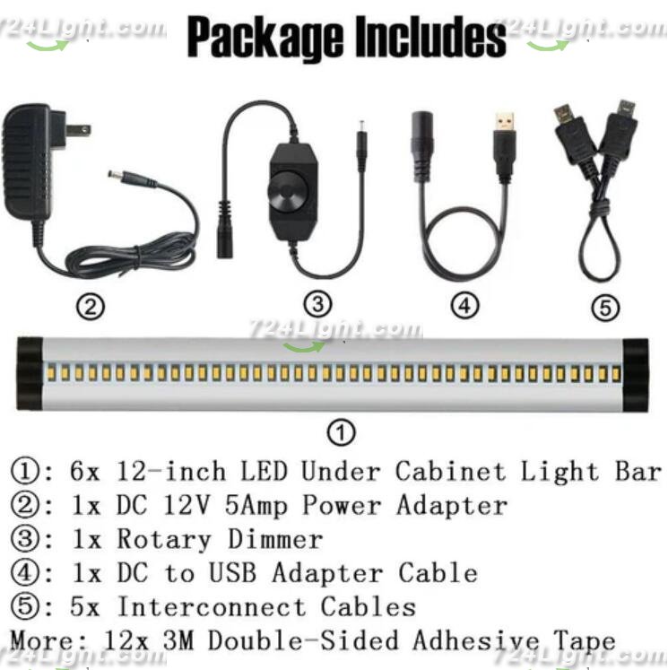 6 Pack 7mm Thick Silver Finish LED Under Cabinet Lighting Kit Dimmable 1800LM CRI90 SMD2835 12V 30W with Dimmer & Power SUpply Included