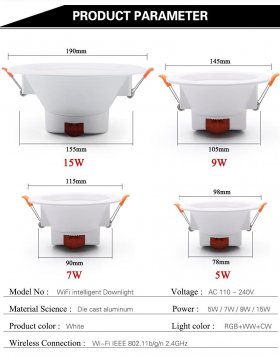 6Pack WiFi Intelligent LED Downlight RGBCW WiFi APP Controlled LED Downlight 3 Inch 5W 120V /220V AC, Dimmable RGBCW 2700-6500K Color Changing, Compatible with Alexa/Google, Ceiling Lights