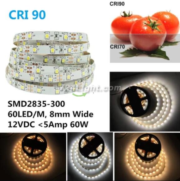 High CRI 90 LED Strips, Flexible 5M LED Strips, SMD2835-300 60 LEDs 1000LM Per Meter 8mm Wide Tape