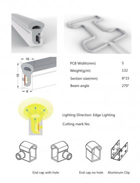 1M/5M/10M/20M Pack of T0815 LED Neon Light Housing Kit with End Caps and Mounting Clips, Flexible Neon Channel Fit for 5mm Wide LED Strip Lights