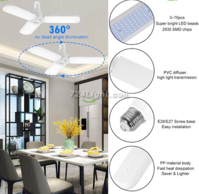 45W Deformable LED Garage Ceiling Lights 4500LM 6500K White 400 Watt Equivalent CRI80+ E26/E27 Base