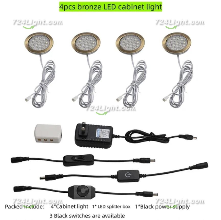 4pcs Pack Round LED Under Cabinet Lighting Stainless Steel LED Puck Light 2W 12VDC, 3 Switches Optional Controllable Puck Light for Motorhome, Caravan, Truck, Kitchen, Wine Cabinet, Wardrobe