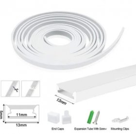1M/5M/10M/20M Pack of T0513 LED Neon Light Housing Kit with End Caps and Mounting Clips, Flexible Neon Channel Fit for 10mm Wide LED Strip Lights