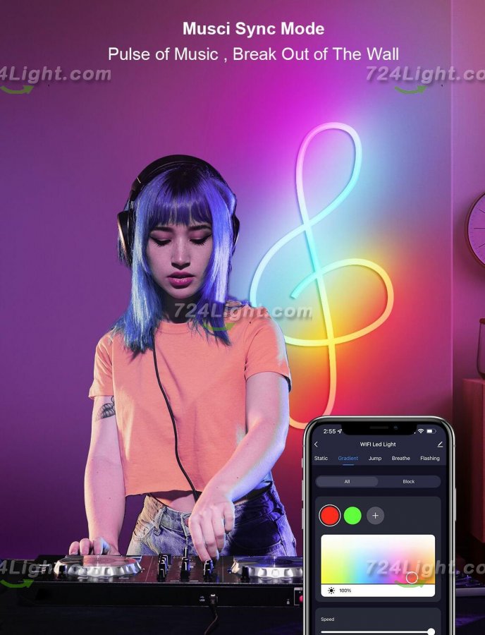 RGB Dream Color LED NEON Strip Light Kit in 16.4FT with 300LEDs Lighting Kit with APP Controlled Sound Active function Wireless Remote Control