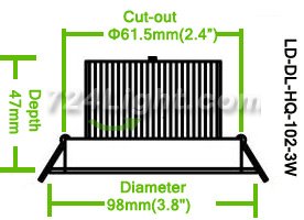 3W DL-HQ-102-3W LED Down Light Cut-out 61.5mm Diameter 3.8" White Recessed Dimmable/Non-Dimmable LED Down Light