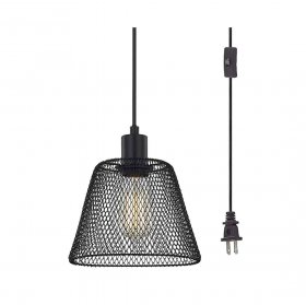 Black cage metal plug pendant light, industrial with on/off switch, for living room, bedroom and farmhouse