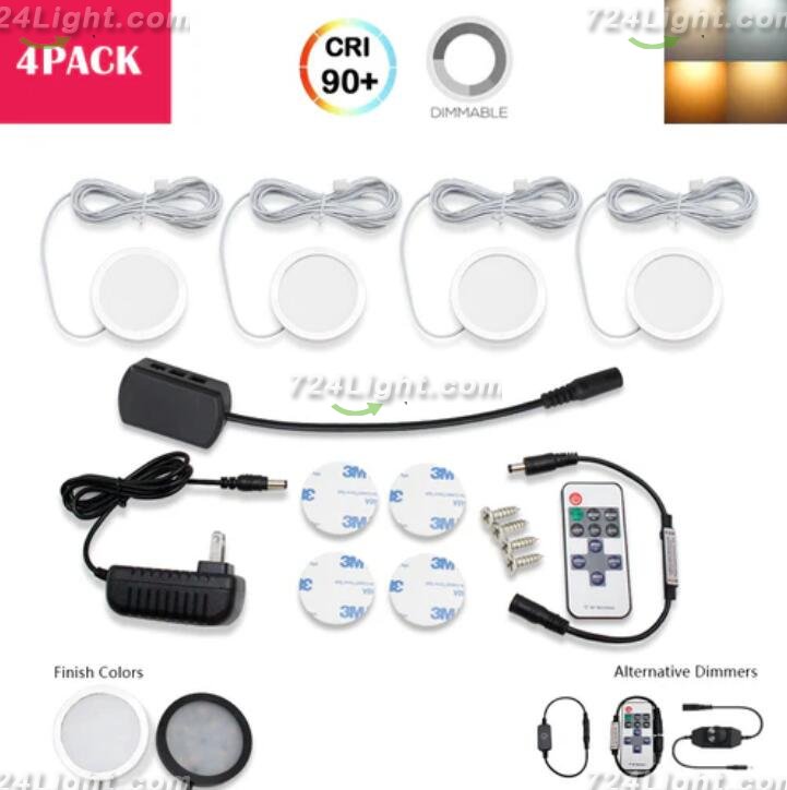 A-Series 4 Pack (4*2W) Dimmable CRI 90 Ultra Thin LED Under Cabinet Puck Lights With Dimmer & Power Adapter,All Accessories Included