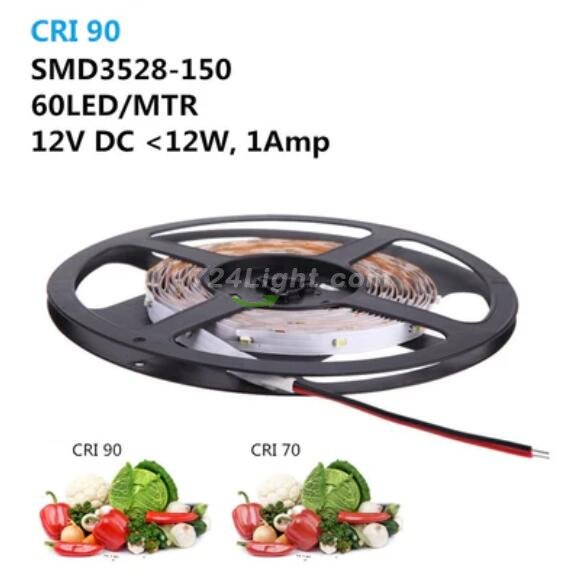 High CRI90 Flexible LED Strips, DC 12V 5Meter Roll Strip, SMD3528-150 30 150LM LEDs Per Meter, 8mm Wide Tape