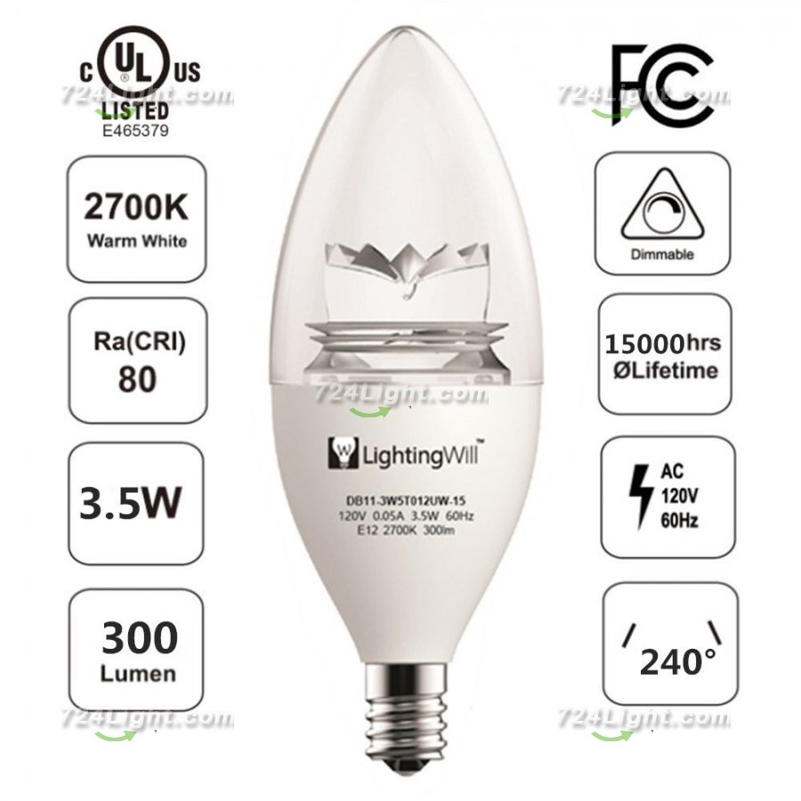 LED Candle Light UL CUL Approved 3.5 Watt 300 Lumen LED Candle Light Bulb Dimmable 2700K Warm White Color in E12 Edison Screw Base, 40 Watt Incandescent Lamp Equivalent