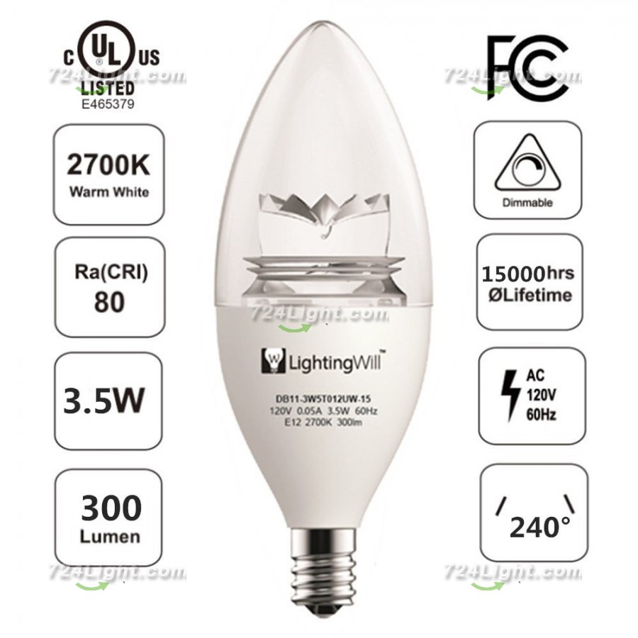 Free shipping 100pcs * UL CUL Approved 3.5 Watt 300 Lumen LED Candle Light Bulb Dimmable 2700K Warm White Color in E12 Edison Screw Base, 40 Watt Incandescent Lamp Equivalent