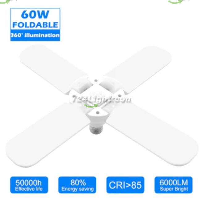 60W Deformable LED Garage Ceiling Lights 6000LM 6500K White 400W Equivalent CRI80+ E26/E27 Base