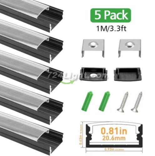 Black LED Aluminum Profile U04 10x23mm U-Shape LED Aluminum Channel System for LED Strips Installation