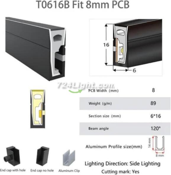 16.4FT(5Meters) 06*16mm 120° Side Insert Top Emitting IP67 Waterproof Flexible Full Black Silicon LED NEON Tube Housing Fit for 8mm Wide LED Strip Light