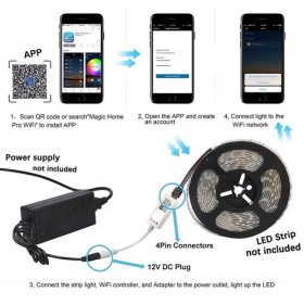 16.4ft（5Mtrs) 300LED SMD5050 RGB LED Light Strip Kit Music Sync, IR Remote, WiFi APP Controlled, Alexa Compatible