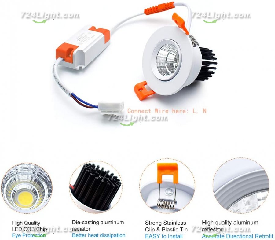 LED DOWN LIGHT, 7W RECESSED LIGHTING COB DIMMABLE CRI80, LED CEILING LIGHT WITH LED DRIVER