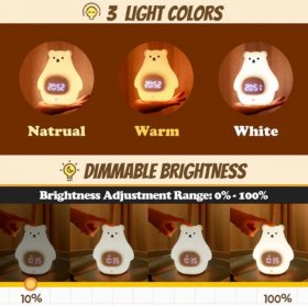 White Bear Clock and LED Night Light Rechargeable Nursery Lamp with Timer for Baby Girls Boys