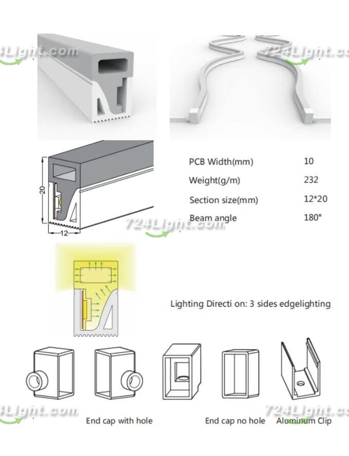 1M/5M/10M/20M Pack of T1220 3 Sides Edge Lighting LED Neon Light Housing Kit with End Caps and Mounting Clips, Flexible Neon Channel Fit for 10mm Wide LED Strip Lights