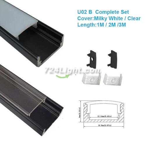 Black LED Profile U02 9x17mm U-Shape LED Aluminum Channel System