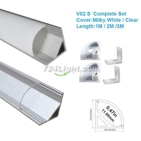 Silver Corner LED Aluminum Profile V02 16x16mm V-Shape Curved Cover Corner Mounting Aluminum Channel