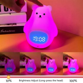 White Bear Clock and LED Night Light Rechargeable RGB Color Nursery Lamp Remote Controlled for Baby Girls Boys