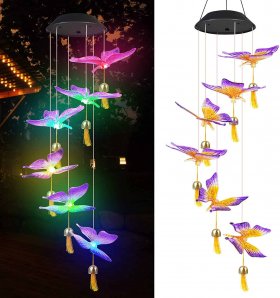 Solar Wind Chimes, Butterfly Hanging Mobile Color Changing Lights with Bells for Garden Patio Windows Festival Outdoor Decoration