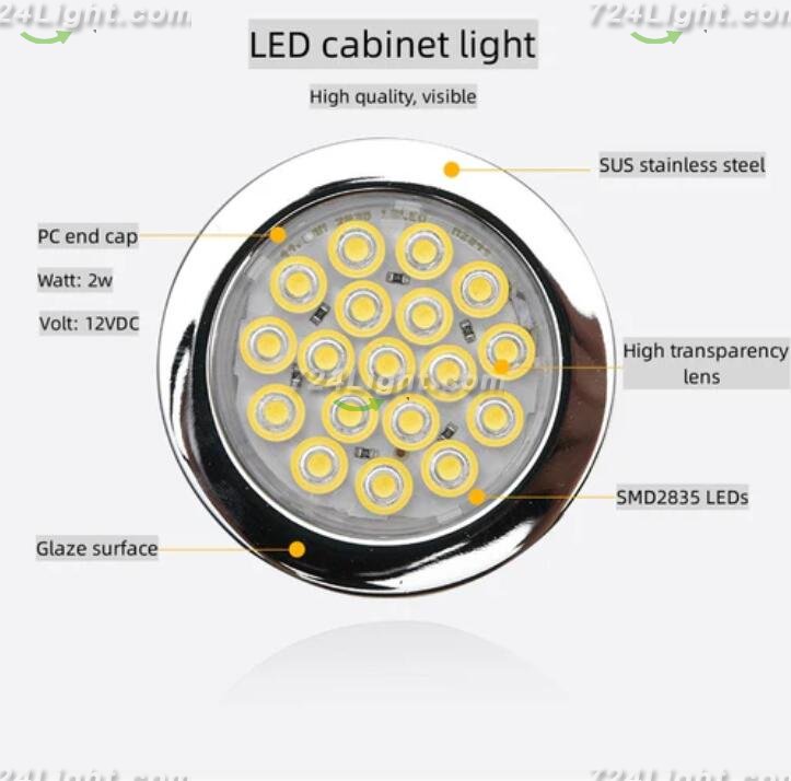 6pcs Packing Rounded LED Stainless Steel Under Cabinet Lighting 2W 12VDC 3 Switches are Available Controllable Puck Light for Motorhome, Caravan, Truck, Kitchen, Wine Cabinet, Wardrobe